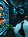 Futuristic AI diet assistant robot scanning organic food items with a high-tech data interface in a modern kitchen