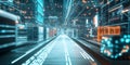 A futuristic AI-driven autonomous supply chain management system, displaying glowing cybernetic
