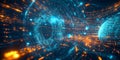A futuristic AI-driven hyper-intelligent knowledge database, displaying glowing cybernetic quantum