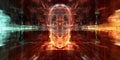 A futuristic AI-driven neuroprosthetics research facility, displaying glowing cybernetic