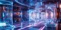 A futuristic AI-driven neuroprosthetics research facility, displaying glowing cybernetic