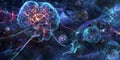 A futuristic AI-driven neuroprosthetics research facility, displaying glowing cybernetic