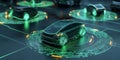 A futuristic AI-driven next-generation electric vehicle ecosystem, displaying glowing cybernetic