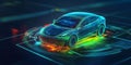A futuristic AI-driven next-generation electric vehicle ecosystem, displaying glowing cybernetic