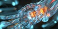 A futuristic AI-driven next-generation prosthetics system, displaying glowing cybernetic bionic limb