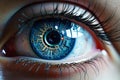 Futuristic AI eye with a digital interface, depicting the intersection of biotechnology and artificial intelligence