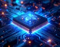 Futuristic AI Chip with Glowing Neon Circuit Board â Advanced High Tech Technology Background Royalty Free Stock Photo