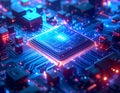 Futuristic AI Microchip with Glowing Neon Circuit Board â Advanced High Tech Technology Background Royalty Free Stock Photo