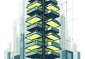 A futuristic, AI-generated illustration of a vertical farm in an urban setting. The structure Royalty Free Stock Photo