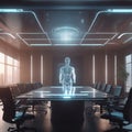 A futuristic AI hologram in a high-tech boardroom, soft glow, cinematic Royalty Free Stock Photo