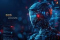 Futuristic AI humanoid evaluating interactive digital displays in a technological setting Royalty Free Stock Photo