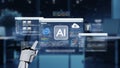 Futuristic AI Integration in Modern Technology with Robotic Hand Interacting with Multiple Data Interfaces in a Digital Royalty Free Stock Photo