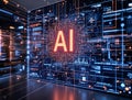 Futuristic AI Interface with Glowing Circuitry and Data Visualization Royalty Free Stock Photo