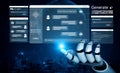 Futuristic AI Interface with Robotic Hand Manipulating Virtual Chat Windows and Data Visualization Elements in Digital Royalty Free Stock Photo
