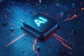 Futuristic AI Microchip with Glowing Blue and Orange Circuitry artificial intelligence processor Royalty Free Stock Photo