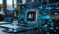 glowing AI microchip with connected data streams, floating graphs, and performance analytics overlaid on a workspace