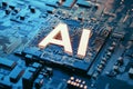 A futuristic AI microchip glowing with neon lights. Artificial Intilengence