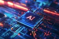 A futuristic AI microchip glowing with neon lights. Artificial Intilengence