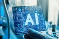 A futuristic AI microchip glowing with neon lights. Artificial Intilengence