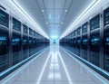 Futuristic AI Powered Data Center Corridor with Cloud Computing Servers and Advanced Cyber Security Infrastructure Royalty Free Stock Photo