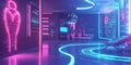 A futuristic AI-powered fully automated smart hospital, featuring glowing cybernetic real-time