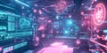 A futuristic AI-powered fully automated smart hospital, featuring glowing cybernetic real-time