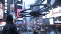 Futuristic AI Powered Personal Security Drone Hovering Above City Skyline