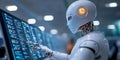 futuristic AI powered robot analyzing data streams on digital interface in modern setting
