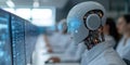 futuristic AI powered robot analyzing data streams in high tech laboratory setting