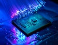 Futuristic AI Processor Chip with Fiber Optic Data Flow, Artificial Intelligence and Big Data Computing Concept Royalty Free Stock Photo