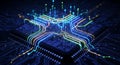 Futuristic AI Processor Chip with Glowing Data Streams Royalty Free Stock Photo