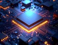 Futuristic AI Processor Chip with Glowing Orange Neon Circuit Board â Advanced High Tech Technology Background Royalty Free Stock Photo