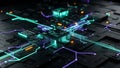 Futuristic AI Processor Circuit Board Data Network glowing lines digital technology dark background Royalty Free Stock Photo