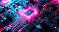 Futuristic AI processor glows with pink energy and power, chip of artificial intelligence radiates purple light. Concept of