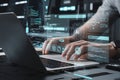 Futuristic AI Programmer Working on Laptop Digital Interface Modern Technology Development Software Coding Web Code Data Royalty Free Stock Photo