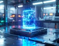 Futuristic AI Quantum Computing Data Cube in High-Tech Server Laboratory, Artificial Intelligence Digital Core Concept Royalty Free Stock Photo