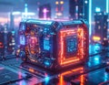 Futuristic AI Quantum Processor Cube with Neon Cyberpunk Technology and Advanced Computing System AI Generated Royalty Free Stock Photo