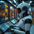 Futuristic AI Robot Analyzing Data on Digital Control Panel â Artificial Intelligence Automation Royalty Free Stock Photo