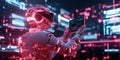 futuristic AI robot analyzing data on glowing tablet in neon lit digital environment