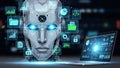 Futuristic ai robot analyzing data on laptop Royalty Free Stock Photo