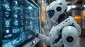Futuristic ai robot analyzing data on a large digital screen - generative ai Royalty Free Stock Photo