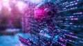 Futuristic ai robot analyzing digital data in a neon cyber environment
