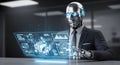 Futuristic AI Robot Analyzing Digital Holographic Display Modern Business Technology Innovation Advanced Analytics Interface Royalty Free Stock Photo