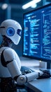 Futuristic AI robot focused on coding at computer screen showcasing complex programming in a technological workspace Royalty Free Stock Photo