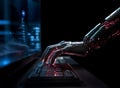 Futuristic AI robot hand typing and working with computer or laptop keyboard Royalty Free Stock Photo