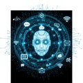 Futuristic AI Robot Head with Digital Circuitry and Communication Icons artificial intelligence android Royalty Free Stock Photo