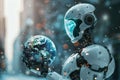 A futuristic AI robot holding a frosty Earth. Environmental impacts