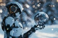 A futuristic AI robot holding a frosty Earth. Environmental impacts