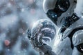 A futuristic AI robot holding a frosty Earth. Environmental impacts