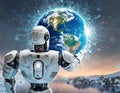 A futuristic AI robot holding a frosty Earth symbolizes reflection on environmental impacts